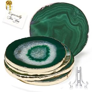 Green Agate Coasters Set of 4,Natural Geode Coasters Agate Slices Gold Rim 4 - 3.5",Gem Coasters for Drink,Decorative Geodestone Coasters for Home Decor, Coasters for Coffee Table