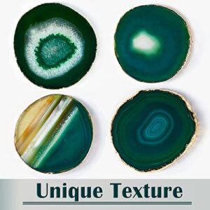 Green Agate Coasters Set of 4,Natural Geode Coasters Agate Slices Gold Rim 4 - 3.5",Gem Coasters for Drink,Decorative Geodestone Coasters for Home Decor, Coasters for Coffee Table