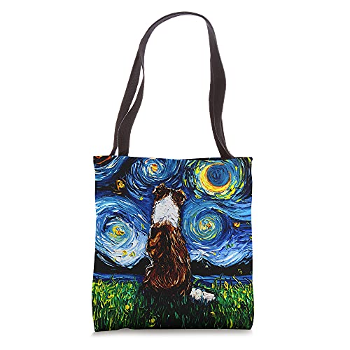 Red and White Border Collie Back Starry Night Dog Art by Aja Tote Bag