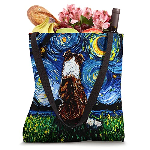 Red and White Border Collie Back Starry Night Dog Art by Aja Tote Bag