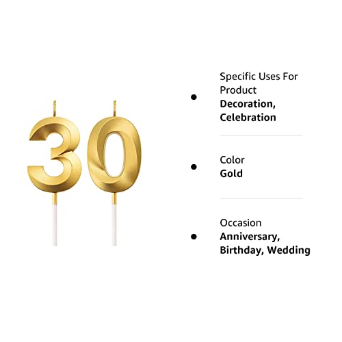 30th Birthday Candles Cake Numeral Candles Happy Birthday Cake Topper Decoration for Birthday Party Wedding Anniversary Celebration Supplies (Gold)