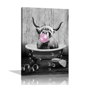 kalawa highland cow bathroom pictures wall decor funny black and white bathroom decor wall art pink bubble canvas wall art home decor for bathroom bedroom framed ready to hang 12×16 inch