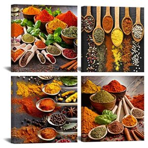 homeoart kitchen pictures wall decor 4 piece set colorful spices and spoon painting canvas wall art prints framed ready to hang 12″x12″x4 panels dining room restaurant home wall decor