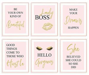 giftsfarm inspirational wall art, bedroom decor for women, pink room decor, teen girls fashion makeup home wall decoration picture poster, bathroom decor, office decor (set of 6, 8x10in, unframed)