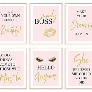 GIFTSFARM Inspirational Wall Art, Bedroom Decor for Women, Pink Room Decor, Teen Girls Fashion Makeup Home Wall Decoration Picture Poster, Bathroom decor, Office Decor (Set of 6, 8X10in, Unframed)