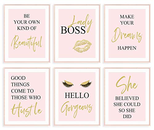 GIFTSFARM Inspirational Wall Art, Bedroom Decor for Women, Pink Room Decor, Teen Girls Fashion Makeup Home Wall Decoration Picture Poster, Bathroom decor, Office Decor (Set of 6, 8X10in, Unframed)