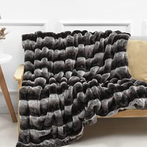 inchgrass luxury soft faux mink fur throw blanket shaggy plush elegant weighted handmade thick blanket for sofa chair couch living bedding (50″x60″, grey chinchilla)