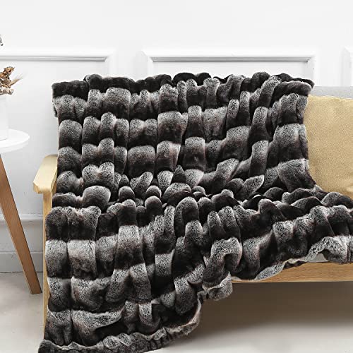 inchgrass Luxury Soft Faux Mink Fur Throw Blanket Shaggy Plush Elegant Weighted Handmade Thick Blanket for Sofa Chair Couch Living Bedding (50"x60", Grey Chinchilla)