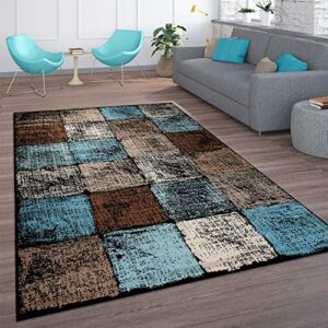 modern area rug for living room abstract in brown cream blue checkered, size: 3’11” x 5’7″