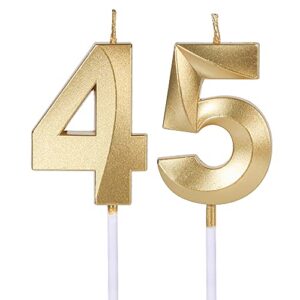 gold 45th & 54th birthday candles for cakes, number 45 54 glitter candle cake topper for party anniversary wedding celebration decoration