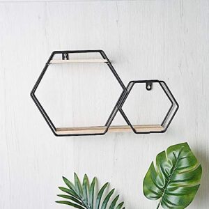 BalsaCircle Black Natural 2 Tier Hexagon Metal Wood Geometric Floating Shelf Party Wedding Reception Decorations Supplies