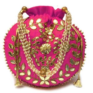 ekavya potli bag jewelry coin pouch potli bag gota patti work potli bag batwa pearls handle purse clutch purse for women (hot pink)