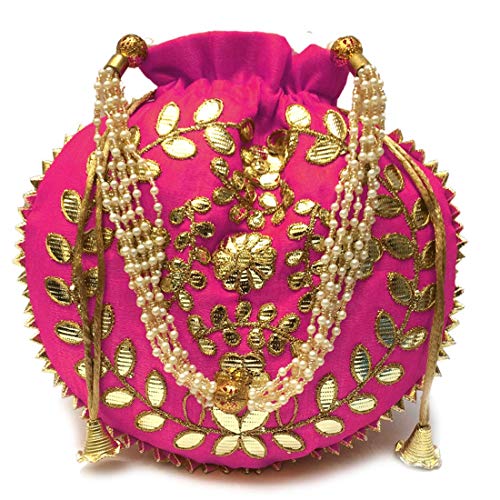 Ekavya Potli Bag Jewelry Coin Pouch Potli Bag Gota Patti Work Potli Bag Batwa Pearls Handle Purse Clutch Purse for Women (Hot Pink)