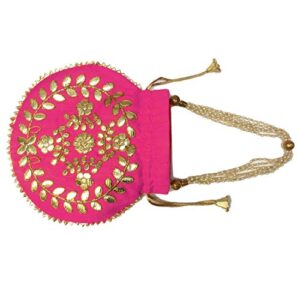Ekavya Potli Bag Jewelry Coin Pouch Potli Bag Gota Patti Work Potli Bag Batwa Pearls Handle Purse Clutch Purse for Women (Hot Pink)