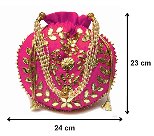 Ekavya Potli Bag Jewelry Coin Pouch Potli Bag Gota Patti Work Potli Bag Batwa Pearls Handle Purse Clutch Purse for Women (Hot Pink)