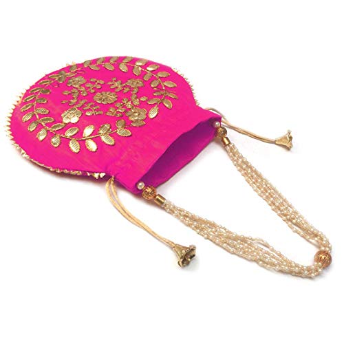 Ekavya Potli Bag Jewelry Coin Pouch Potli Bag Gota Patti Work Potli Bag Batwa Pearls Handle Purse Clutch Purse for Women (Hot Pink)