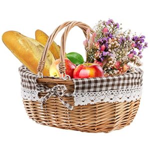 peohud wicker picnic basket with double folding handles, empty baskets for gifts, woven easter basket, willow picnic hamper garden harvest basket for easter egg gathering, candy, toys, wedding