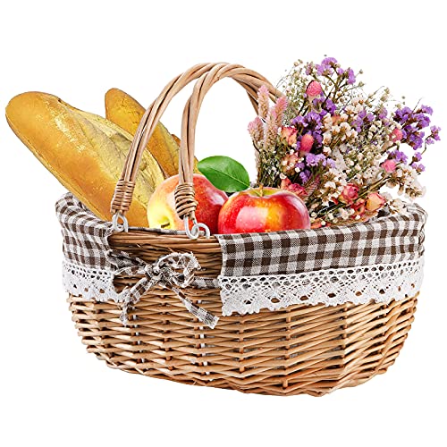 Peohud Wicker Picnic Basket with Double Folding Handles, Empty Baskets for Gifts, Woven Easter Basket, Willow Picnic Hamper Garden Harvest Basket for Easter Egg Gathering, Candy, Toys, Wedding