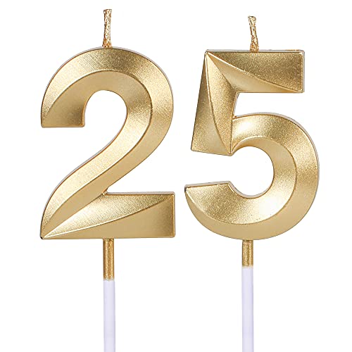 Gold 25th & 52nd Birthday Candles for Cakes, Number 25 52 Glitter Candle Cake Topper for Party Anniversary Wedding Celebration Decoration