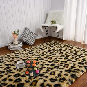 amearea fluffy leopard rug, premium cheetah print rugs, soft comfy faux fur animal print carpet for kids room bedroom, living room, shaggy teen room home decor, khaki 4×6 feet