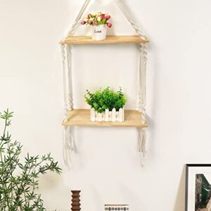 Misscrafts Macrame Hanging Shelves, 2-Tier Floating Shelf Rustic Wall Mounted Shelf Decor for Photo Frames Plants Boho Home Decor