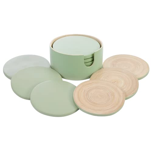 HABITAS Spun Bamboo Coasters for Drinks - Coaster Set with Bamboo Wood Coasters and Coaster Holder. Modern Coasters for Coffee Table (Sage)