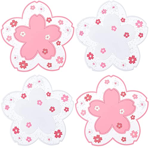 Sakura PVC Coaster Cherry Blossom Cup Coaster Anti-Skid Insulation Coaster for Beer, Coffee, Tableware Tea (4, 4.5 Inch)