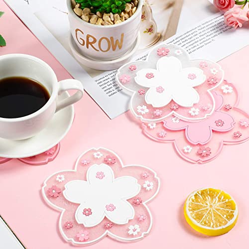 Sakura PVC Coaster Cherry Blossom Cup Coaster Anti-Skid Insulation Coaster for Beer, Coffee, Tableware Tea (4, 4.5 Inch)