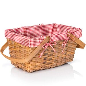 big mo’s toys picnic basket – woven natural woodchip wicker basket with double handles and red and white gingham blanket lining
