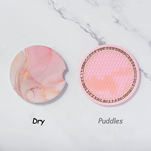 AREAJD 2 Pack Pink Ceramic Car Coasters for Drinks Absorbent 2.56 Inch, Marble/Mandala Car Cup Holder Coaster for Women with Removable Finger Notch, Cute Auto Natural Life Accessories