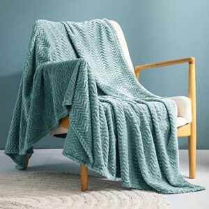 Exclusivo Mezcla Large Flannel Fleece Throw Blanket, Jacquard Weave Wave Pattern (50" x 70", Celadon) - Soft, Warm, Lightweight and Decorative