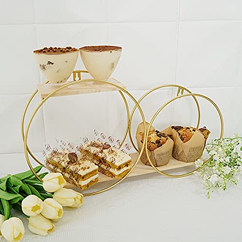 BalsaCircle Backdrop Stand Gold Natural 2 Tier Round Metal Wood Geometric Floating Shelf Party Wedding Reception Decorations Supplies, Natural and Gold, 18