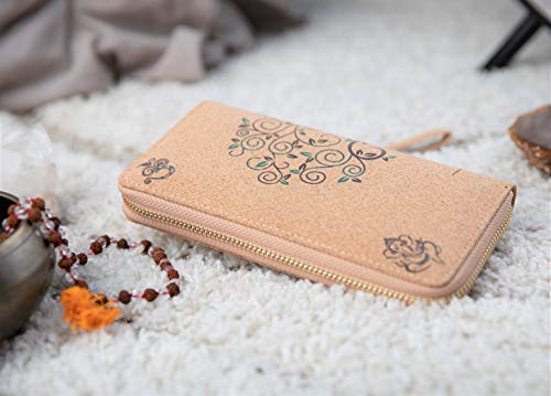 Buddha Cork Vegan Wristlet Wallet - Ganesh, Hamsa, OM, lotus flower- Room for credit card, coins, bills, cellphone