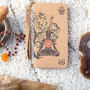 Buddha Cork Vegan Wristlet Wallet - Ganesh, Hamsa, OM, lotus flower- Room for credit card, coins, bills, cellphone