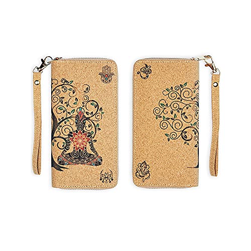 Buddha Cork Vegan Wristlet Wallet - Ganesh, Hamsa, OM, lotus flower- Room for credit card, coins, bills, cellphone