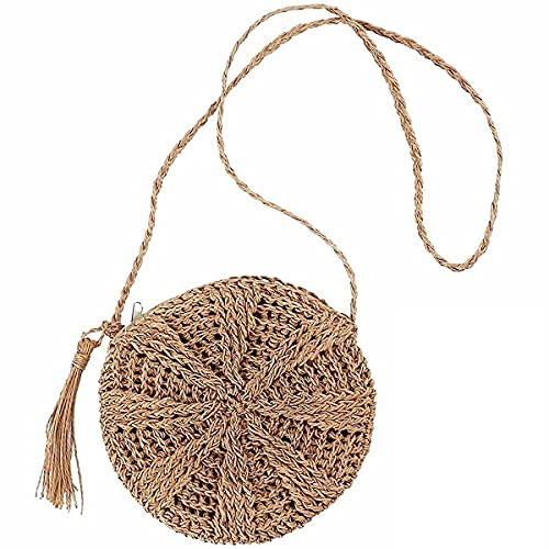 JORCEDI Straw Crossbody Shoulder Bag Beach Tassels Crochet Messenger Handbag Purse For Women Girls (Light Brown)