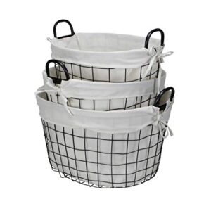 HomeRoots Set of 3 Oval White Lined and Metal Wire Baskets with Handles