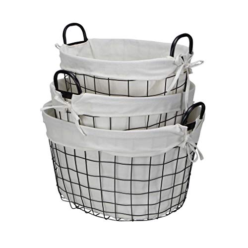 HomeRoots Set of 3 Oval White Lined and Metal Wire Baskets with Handles