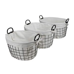 HomeRoots Set of 3 Oval White Lined and Metal Wire Baskets with Handles