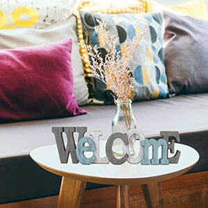 E-view Rustic Wooden Teal Home Sign Decorative Cutout Letters Freestanding Block Word Sign Hanging Ornament Table Shelf Decor (Welcome)