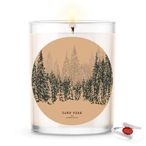 kate bissett baubles camp fire scented premium candle and jewelry with surprise ring inside | 18 oz large candle | fall collection | made in the usa | parrafin free size 06