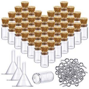 50 pieces small mini glass bottles jars with cork stoppers set, tiny cork glass bottles with eye screws and small funnel for decoration, art crafts, diy projects, party favors (0.5ml)