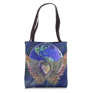 heart, angel wings, earth, love, peace tote bag