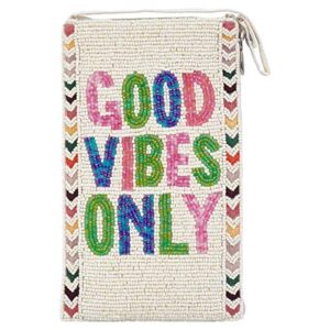 bamboo trading company good vibes only cell phone or club bag with a separate, secure side zip pocket for cash and credit cards, 7-inch height, multicolor