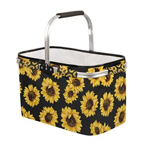 collapsible market basket sunflower, 36l large picnic basket, portable shopping basket with aluminum handles for storage grocery, travel, camping