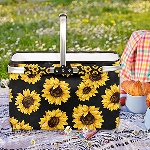 Collapsible Market Basket Sunflower, 36L Large Picnic Basket, Portable Shopping Basket with Aluminum Handles for Storage Grocery, Travel, Camping