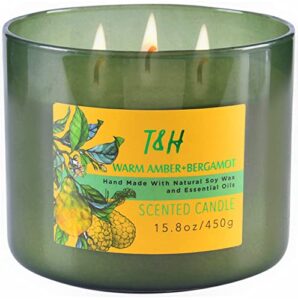 3 wick candle | amber bergamot large candle with coconut, jasmine & balsam | highly scented candles for home | natural soy candle, relaxing coconut candle, aromatherapy candles for men & women 15.8 oz