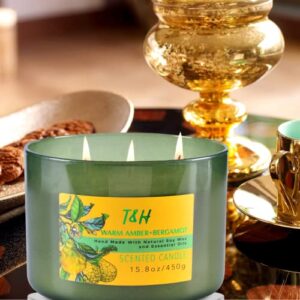 3 Wick Candle | Amber Bergamot Large Candle with Coconut, Jasmine & Balsam | Highly Scented Candles for Home | Natural Soy Candle, Relaxing Coconut Candle, Aromatherapy Candles for Men & Women 15.8 oz