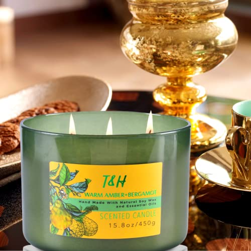 3 Wick Candle | Amber Bergamot Large Candle with Coconut, Jasmine & Balsam | Highly Scented Candles for Home | Natural Soy Candle, Relaxing Coconut Candle, Aromatherapy Candles for Men & Women 15.8 oz