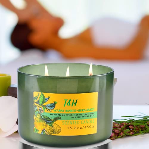 3 Wick Candle | Amber Bergamot Large Candle with Coconut, Jasmine & Balsam | Highly Scented Candles for Home | Natural Soy Candle, Relaxing Coconut Candle, Aromatherapy Candles for Men & Women 15.8 oz